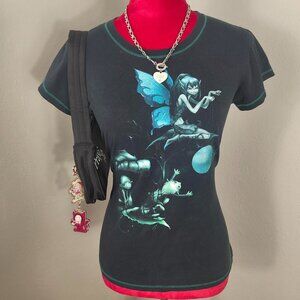 Vintage Y2K 2000s Trick Fairy Goth Black Graphic Fitted Baby Tee Large